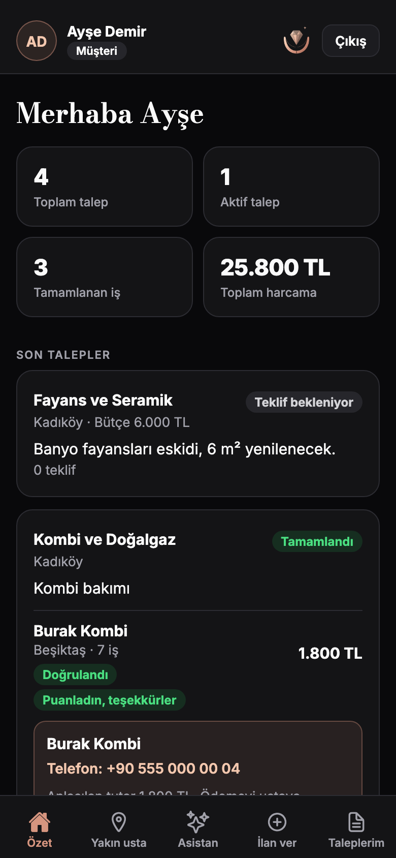 Müşteri ekranı